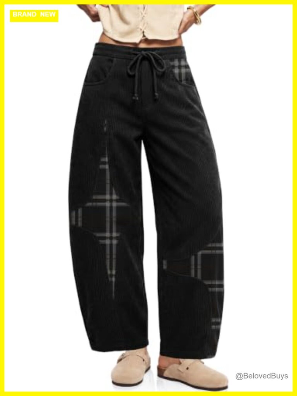 Corduroy Barrel Leg Pants High Waist Drawstring Contrast Knee Wide Leg